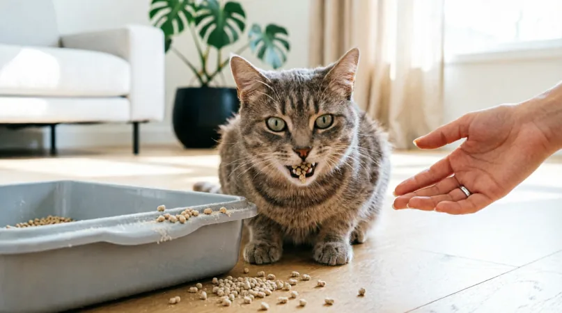 кошка ест наполнитель