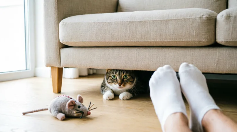 кошка прячется
