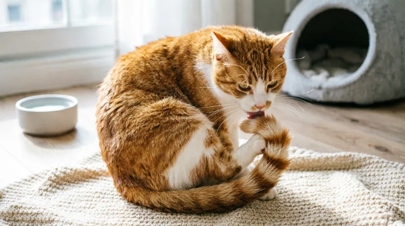 кошка вылизывает хвост