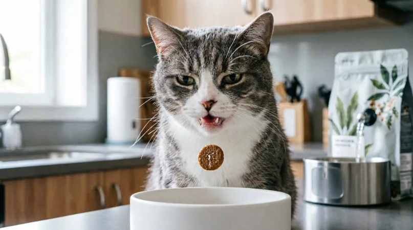 кошка выплевывает еду